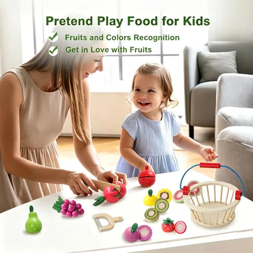 Miniatura 6 de Juguetes de madera para cortar frutas, juego de alimentos para cocina de niños, juego de frutas y verduras cortables, con cesta de picnic
