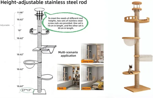 Miniatura 3 de Árbol para gatos del suelo al techo, torre para gatos de altura ajustable de madera maciza, árbol para gatos de 6 a 9.5 pies de alto con poste