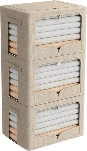 Miniatura 16 de FHSQX Paquete de 3 contenedores de almacenamiento de ropa, caja de almacenamiento plegable con marco de metal, juego organizador apilable de tela
