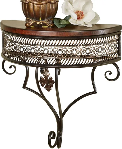 Touch of Class Charleston Estante de pared calado ornamentado bronce | Marco de metal | Parte superior de madera con acabado de cereza | Estante de