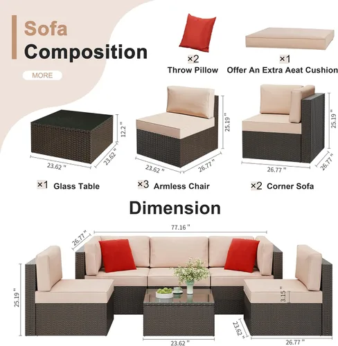 Miniatura 3 de Shintenchi Juego de muebles de patio de 6 piezas para exteriores para todo tipo de clima, juego de sofá seccional de ratán de polietileno, juego
