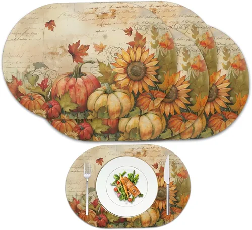 Miniatura 46 de Non Slip Placemats Set of 6 Pumpkin Mushroom Theme Waterproof Wipeable Faux Leather for Thanksgiving Family Feast Heat Resistant Dining Table Mats