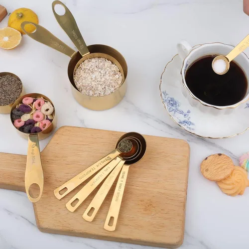 Miniatura 7 de GuDoQi Juego de 9 tazas y cucharas medidoras, mango de acero inoxidable con medidas métricas y estadounidenses, acabado pulido dorado, taza medidora