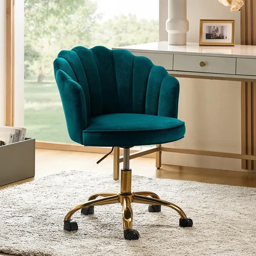 Miniatura 15 de HULALA HOME Silla de oficina en casa de terciopelo con base dorada, silla de escritorio tapizada moderna y linda de concha para mujer para tocador