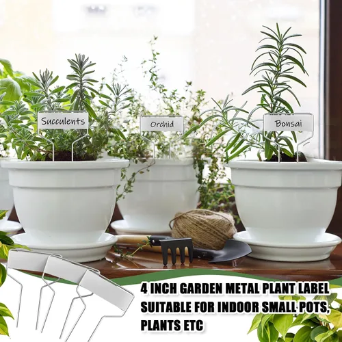 Miniatura 5 de Moxweyeni 60 etiquetas de metal para jardín, etiquetas impermeables para plantas con 2 bolígrafos permanentes, etiquetas reutilizables para plantas