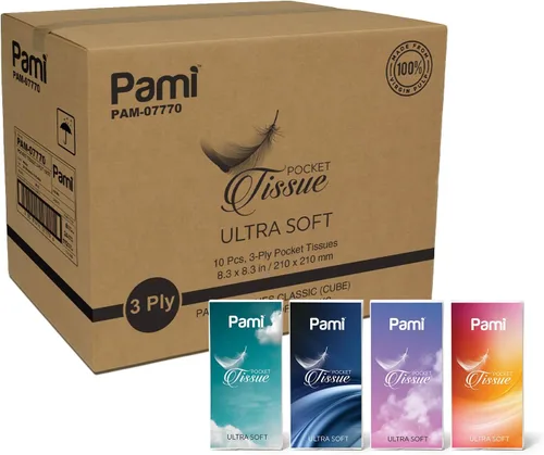 PAMI Pañuelos de bolsillo ultrasuaves [caja de 24 paquetes de 8 x 10 tejidos] – Paquetes de pañuelos de viaje de 3 capas para niños y adultos –