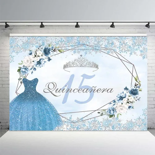 MEHOFOND Telón de fondo de quinceañera de invierno de 7 x 5 pies para niña, suministros de decoración de fiesta de cumpleaños de 15 años, pancarta