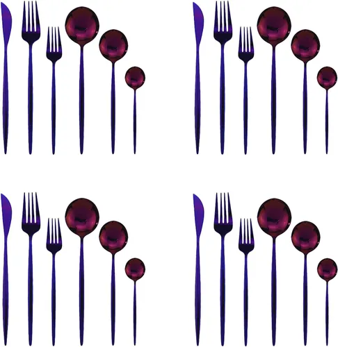 Juego de cubiertos de 24 piezas de acero inoxidable 18/0, incluye cuchillos, tenedor, cuchara y cucharilla, servicio para 4 personas Púrpura