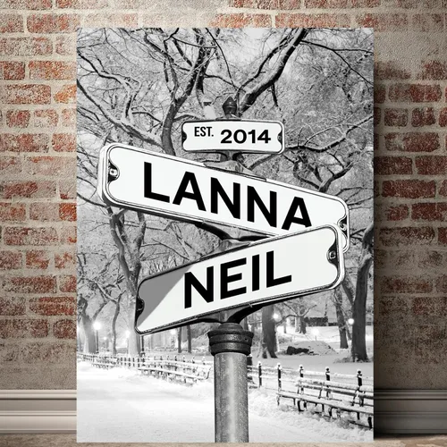 Miniatura 19 de Mapileng Lienzo personalizado de Crossroads Street Sign para parejas, nombres personalizados y fecha, arte de pared vintage, regalo del día de San