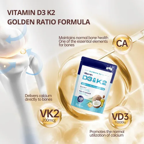 Miniatura 5 de 300 Piezas 2 en 1 Vitamina D3 10000 iu Plus K2 (MK-7) 200 mcg Cápsulas Blandas de Aceite de Coco Virgen con Vitaminas D y K Apoya la Absorción