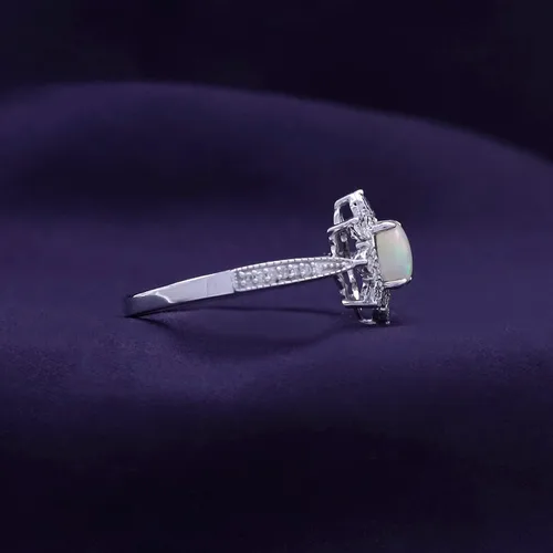Miniatura 4 de Anillo de compromiso de ópalo blanco natural de corte ovalado de 0.236 x 0.157 in con marco de explosión de sol de diamante, anillo de compromiso