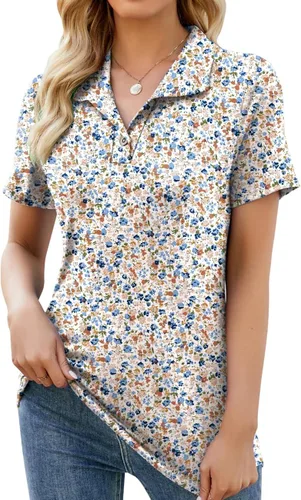 Ivicoer Camisas tipo polo de manga corta con cuello en V para mujer, con botones, blusas tipo túnica de trabajo, blusas casuales de negocios