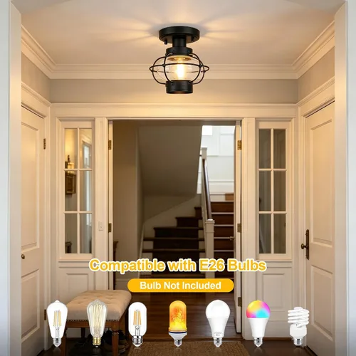 Miniatura 5 de Kalium Lámpara de techo para porche, lámpara de techo empotrada al aire libre con pantalla de globo de cristal, base estándar E26, lámpara