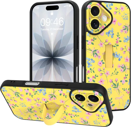 Miniatura 66 de Funda diseñada para iPhone 17 Pro Max con soporte plegable y correa para dedos, bonito patrón de lazo de corazón de flor rosa para mujeres y niñas
