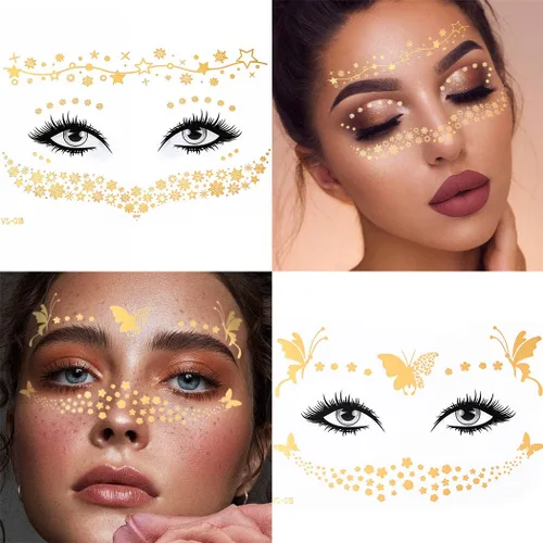 Miniatura 2 de Uranian Calcomanías temporales para tatuajes faciales dorados, pecas para mujeres, transferencia de mariposas, tatuajes metálicos, estilos mixtos