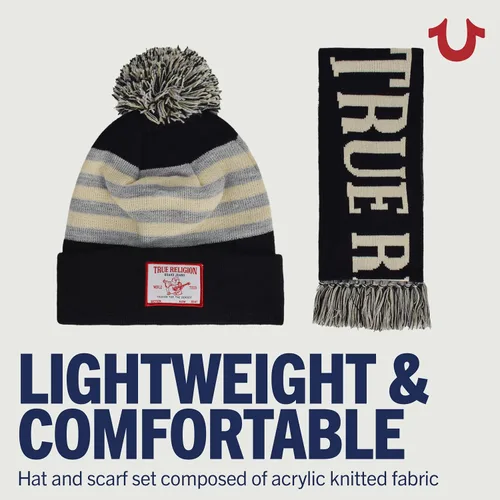 Miniatura 4 de True Religion - Conjunto de gorro y bufanda, gorro de punto con relleno de invierno con pompones y bufanda estilo estadio