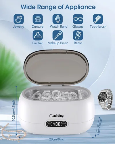Miniatura 4 de Máquina Limpiadora de Joyas Adiding, Limpiador Sónico para Anillos de 650mL (23oz) para Gafas, Pendientes, Dentaduras, Retenedores, Correas de Marrón