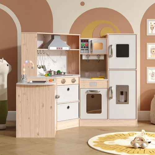 Miniatura 2 de BVIUNTWO Juego de juguetes de cocina, juego de cocina de madera para niños con luces y sonidos reales, fregadero, estufa, horno, máquina de hielo