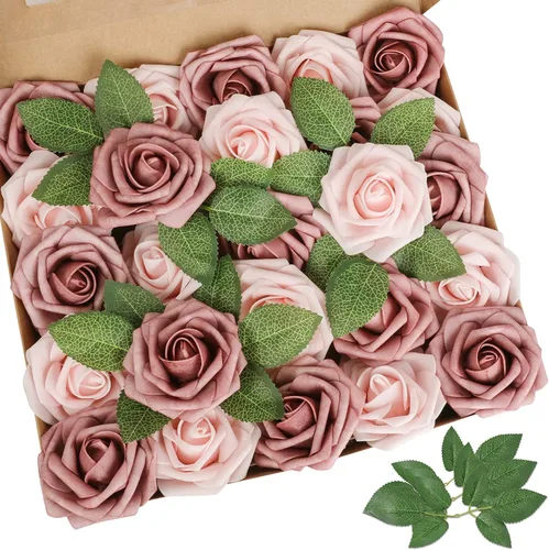 AmyHomie 25 rosas artificiales de aspecto real con tallo para ramos de boda, centros de mesa, arreglos, fiestas, baby shower, día de San Valentín,