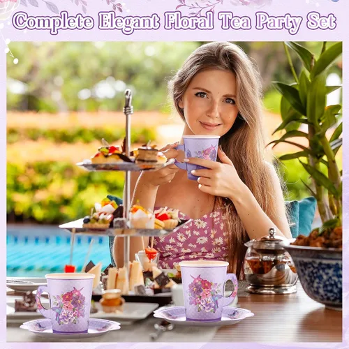 Miniatura 5 de Mifoci Juego de 200 tazas y platos de papel floral de 9 onzas, tazas de té y platillos desechables, tazas de té y platillos de flores vintage