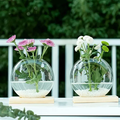 Miniatura 2 de Kingbuy Maceta redonda de vidrio con soporte de madera, florero de propagación para plantas hidropónicas, plantas de araña, potos en decoración