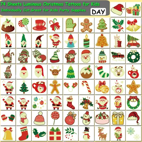Miniatura 3 de CHARLENT Tatuajes temporales de Navidad que brillan en la oscuridad para suministros de fiesta de niños, 74 hojas individuales, tatuajes luminosos