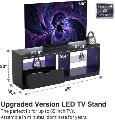 Miniatura 2 de JUMMICO Soporte de TV, centro de entretenimiento LED, soporte de TV para juegos para TV de más de 65 pulgadas, parte superior de fibra de carbono