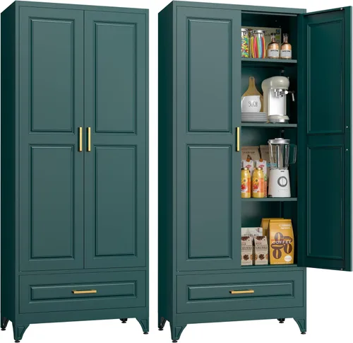 Miniatura 18 de Armario de almacenamiento de metal de 71 pulgadas de alto, armarios de almacenamiento de despensa de cocina con puertas y 4 estantes, armario