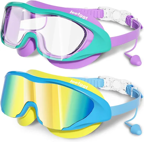Miniatura 14 de Gafas de natación anti niebla UV para niños de 6 a 14 años, paquete de 2 gafas de natación para niños con tapones para los oídos adjuntos Dorado-azul