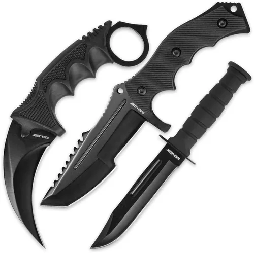 BLACK LEGION Juego de cuchillos triples, negro medianoche, cuchillo de karambit, cuchillo de supervivencia y cuchillo de caza, cuchillo de hoja fija