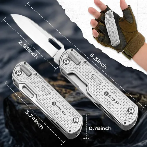Miniatura 4 de BIBURY Cuchillo de bolsillo multiherramienta BI2056, cuchillo multiherramienta de acero inoxidable con clip, cuchillo plegable multiherramienta EDC