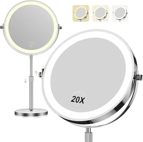 Miniatura 9 de Espejo de maquillaje con luces, 1x/20x 360°, espejo de maquillaje iluminado ajustable con brillo, espejo de maquillaje con aumento, espejo