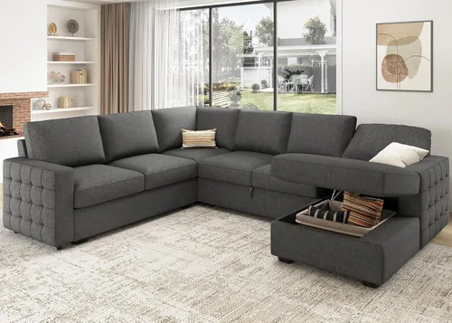 Miniatura 8 de HONBAY Sofá Seccional Sleeper con Cama Extraíble Sofá Seccional en Forma de U Cama Sleeper con Chaise de Almacenamiento Sofá Seccional Sleeper de 6