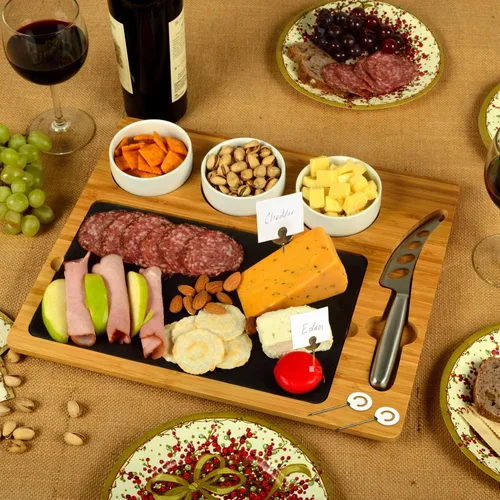 Miniatura 4 de Picnic at Ascot NCAA Alabama - Tabla oficial de queso/charcutería de bambú y pizarra con cuencos de cerámica, cuchillos y marcadores de queso
