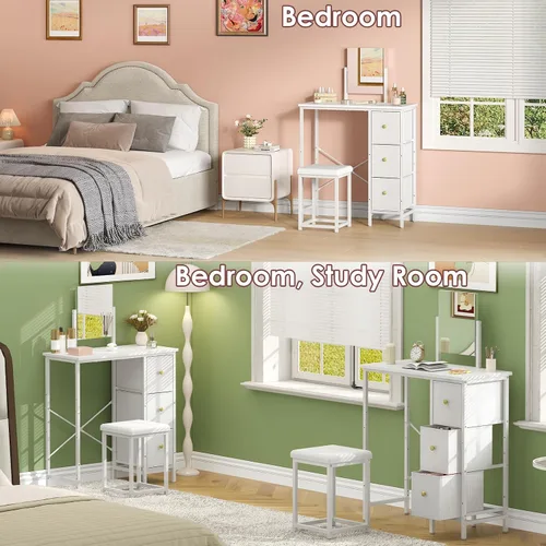 Miniatura 10 de Escritorio pequeño de 27.5 pulgadas con espejo y silla, juego de tocador de maquillaje compacto con silla, tocador pequeño con 3 cajones de tela