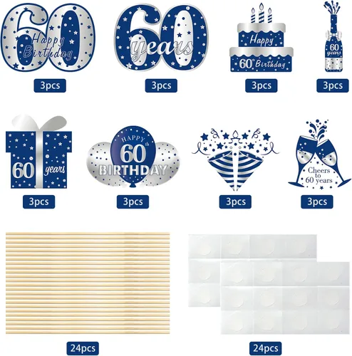 Miniatura 3 de 24 decoraciones de mesa de cumpleaños de color azul y plateado para hombres, incluye 24 cartones patrones, 24 varillas, 30 puntos adhesivos