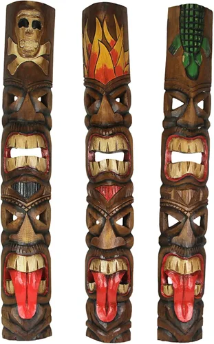 Miniatura 12 de Zeckos Juego de 2 máscaras de pared Tiki de madera tallada a mano, 39 pulgadas de alto, acabado envejecido pintado, esculturas de pared para sala