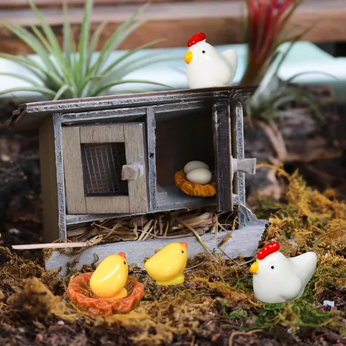 Miniatura 3 de Hiawbon Mini gallinero de madera retro en miniatura para pollo, gallinero, pollo, huevo, adorno de nido de pollo, micro paisaje, decoración