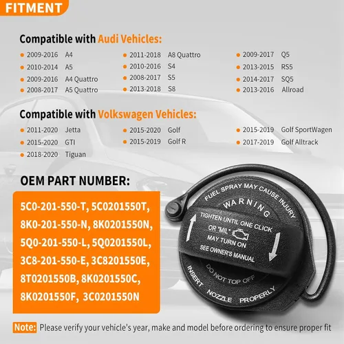 Miniatura 2 de 5C0201550T Tapa de gas, Compatible con Audi A4 A5 A8 Quattro/ S4/ S5/ S8 /Q5 /RS5 /SQ5 /Allroad 2008-2018, VW Jetta/GTI/Golf/Tiguan 2011-2020, Tapa