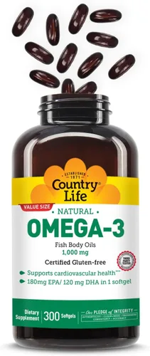 Miniatura 2 de Country Life Suplemento de aceite de pescado omega-3, 1000 mg, 180 mg de EPA y 120 mg de DHA, concentrado de aceite de pescado, sin eructos, 300