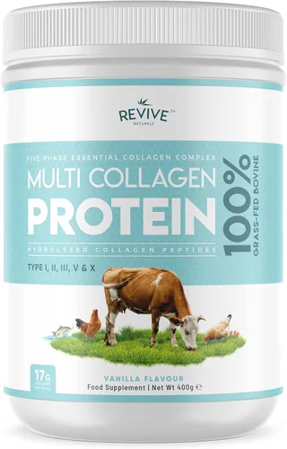Revive Naturals Polvo de proteína de colágeno múltiple de vainilla - 400g - Sin azúcar - 5 tipos de péptidos de colágeno - Hidrolizado, bovino