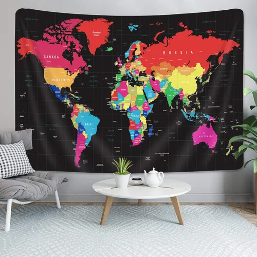 Tapiz de mapa del mundo, mapa negro del mundo, topografía vintage, pósteres educativos para estudiantes universitarios, arte de pared, colorido mapa