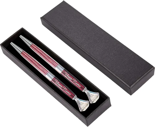 Miniatura 7 de ExpressDesigns™ - Juego de 2 bolígrafos de diamantes personalizados con caja de regalo, grabado metálico personalizado con nombre o mensaje