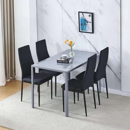 Juego de 4 mesas de comedor y sillas negras modernas de 5 piezas para cocina pequeña, mesa rectangular de vidrio templado y 4 sillas de terciopelo