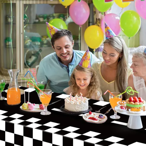 Miniatura 7 de Mantel de plástico de 3 piezas con dos decoraciones de cumpleaños rápido, con bandera a cuadros, funda de mesa desechable para niños