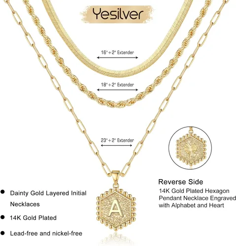 Miniatura 6 de Collares con iniciales en capas para mujer, collar de cadena con clip chapado oro de 14 quilates para mujer, collar con forma hexagonal