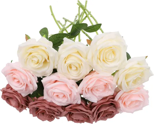 Rosas artificiales, rosas artificiales, rosa falsa de seda, flores falsas de aspecto real con tallos para ramos de boda, mesas, centros de mesa,