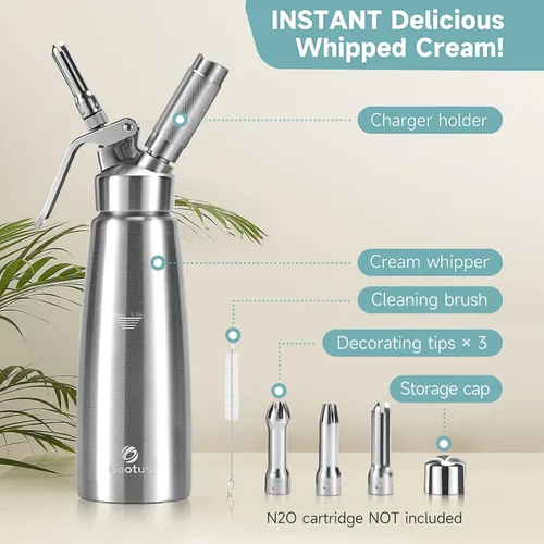Miniatura 7 de Despachador de crema batida profesional Gootus - de acero inoxidable, capacidad de 500ml / 1 pinta, incluye 3 boquillas decorativas de acero