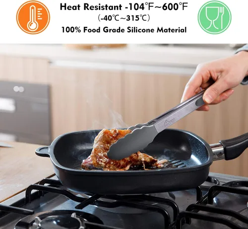 Miniatura 2 de HOTEC Pinzas de Cocina Premium de Acero Inoxidable con Bloqueo con Puntas de Silicona, Juego de 2-9" y 12" Gris Claro Paquete de 2: gris claro