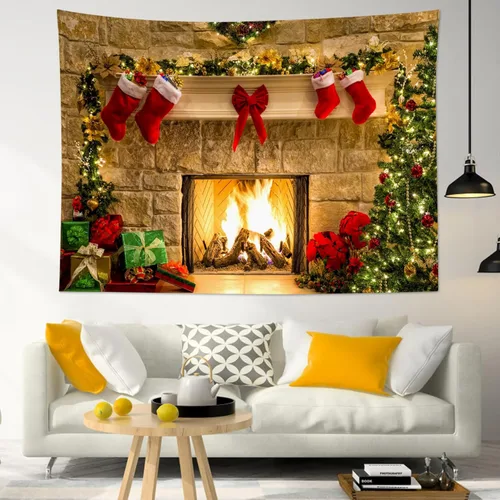HVEST Tapiz de Navidad para dormitorio, árbol de Navidad y calcetín de Navidad, chimenea, decoración de pared, tapiz grande para colgar en la pared,